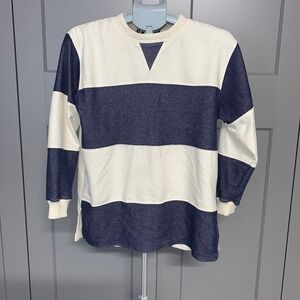 Blast Petites Vintage Striped Long Sleeve Top Cream Blue Boho Casual Rugby Small